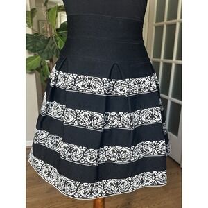 L'ATISTE by Amy Black White Embroidered Pleated A-Line Skirt Women's Small